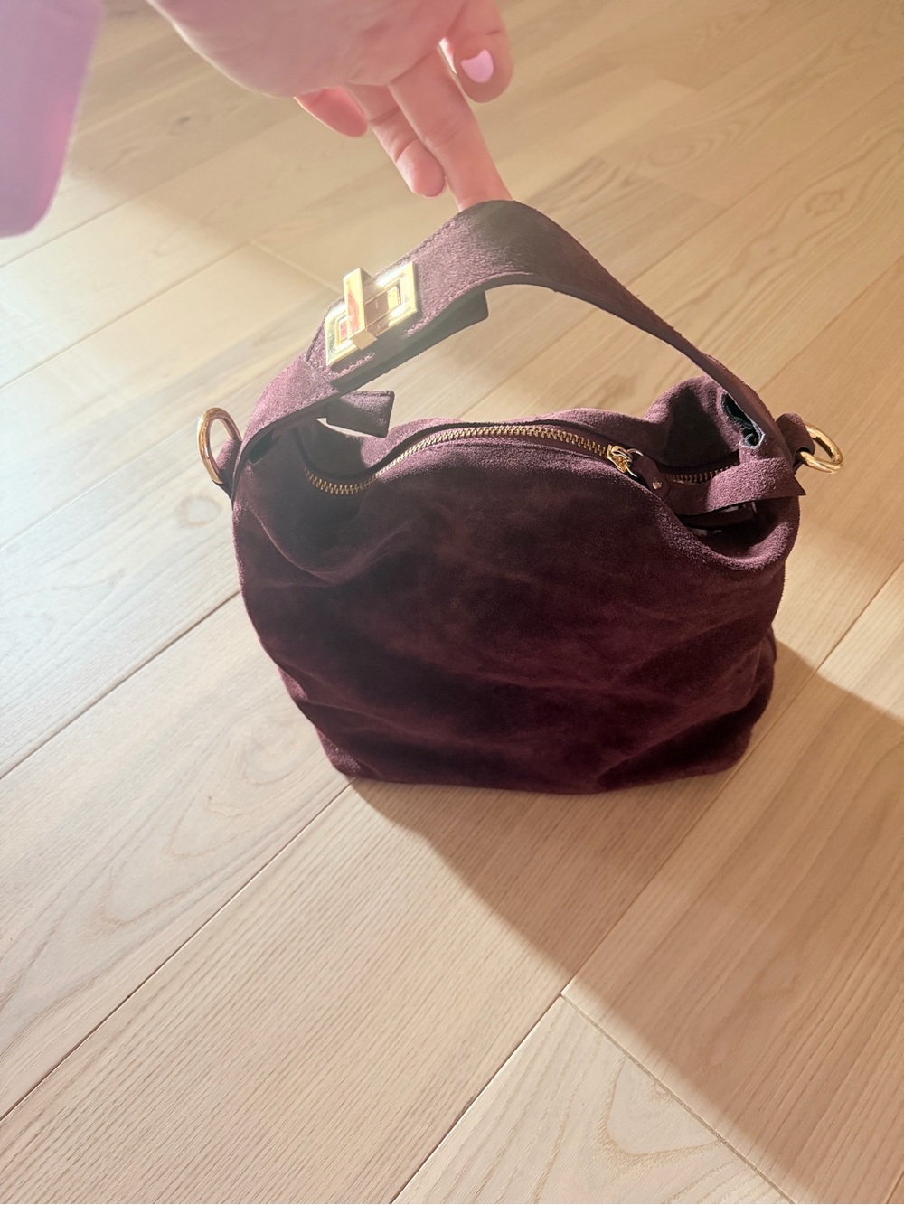 VIOLA CASTELLANI SMALL FOLDED HANDLE SATCHEL BURGUNDY SUEDE - Picture 10 of 13